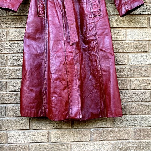 Vintage 70’s Long Leather Trench Coat Penny Lane Oxblood Belted Maxi Boho Jacket - Picture 6 of 17